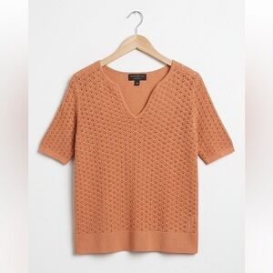 Banana Republic Women's 100% Cotton V-Neck Short Sleeve Eyelet Sweater in Tan